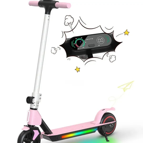 S2 Electric Kinder-Elektroroller, faltbar, Alter 6–12, Höchstgeschwindigkeit 9,3 MPH und 5 Meilen, LED-Anzeige, bunte LED-Lichter